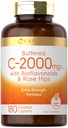 Carlyle Buffered Vitamin C | 2000 mg | 180 Caplets | Bioflavonoyaklar ve Rose HIPS | Vejetary, Non-GMO ve Gluten Free Supplement Supplement