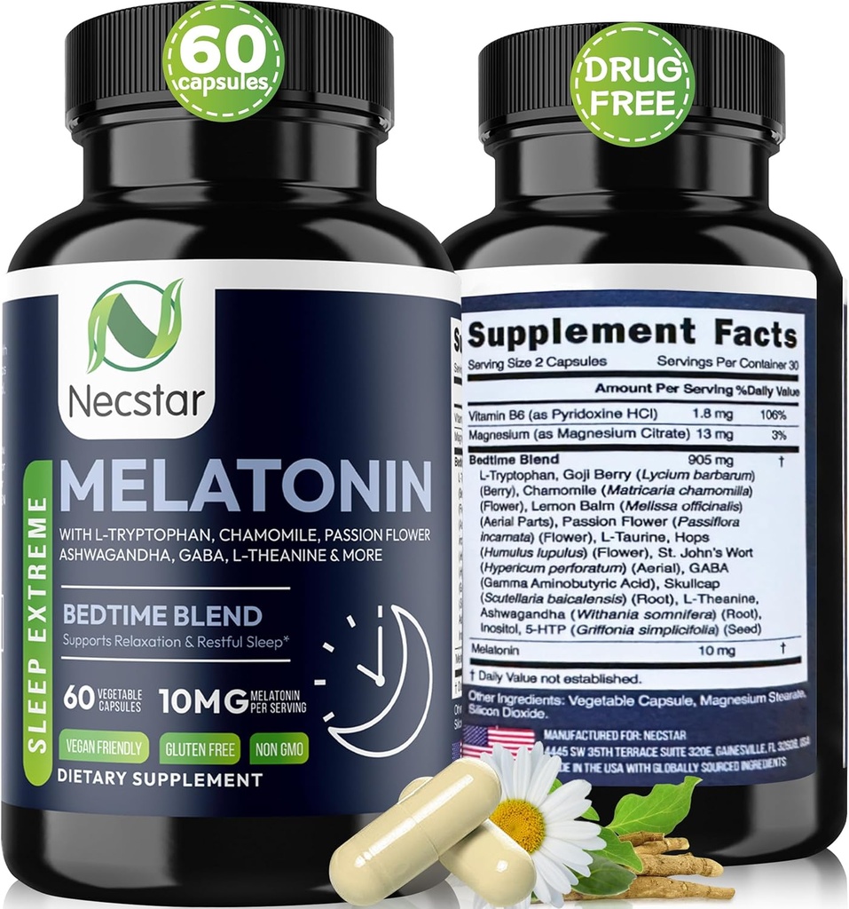Necstar Melatonin 10 mg, Sleep Aid for Yetişkinler, Extra Strength with Ashwagandha, Magnezyum, L-Theanine, GABA, Lemon Balm ve Chamomile Sleep Support Supplement, Vegan, Non-GMO, Gluten-Free, 60 Capsules