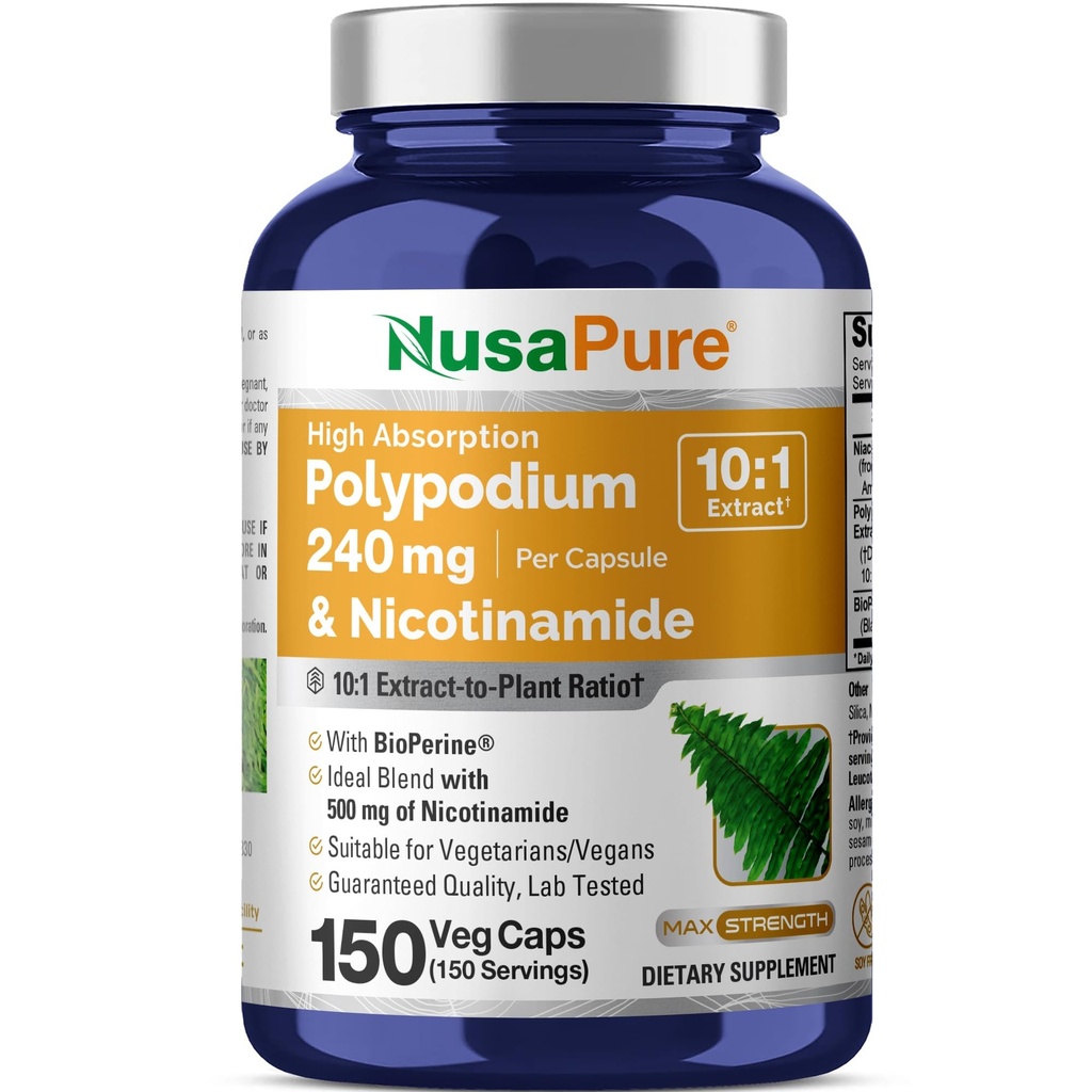 NusaPure Polypodium Nicotinamid 10:1 Ekstraksiyon, Veg Caps için 240 mg Eşlik - 150 Kont (Non-GMO, Soyfree, Bioperine)