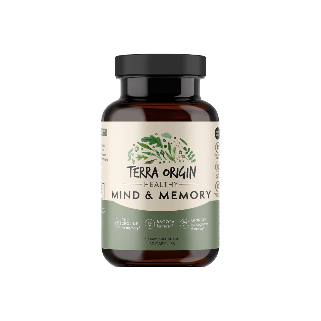 TERRA ORIGIN Sağlıklı Zihin ve Hafıza Desteği Tamam | Bilişsel Bellek Matrix | Nootropic CDP, Bacopa, L-Tyrosine, Huperzine A, Ginko, B12 | GMO, Gluten Free, Dairy Free | 30 Capsules