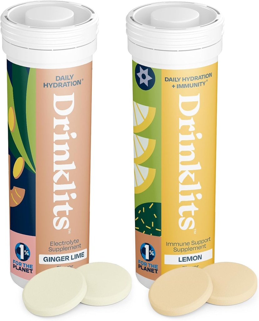 İçmeler Ginger-Lime Hydration & Lemon Immune Support (2) Tube Combo Pack | Great Taste – Daily Electrolytes – Essential Vitamins | 20 Services (10 Tabletler Per Tube)
