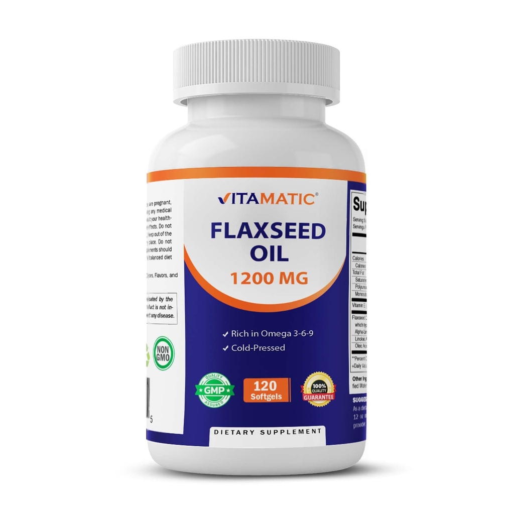 Vitamatic Flaxseed Oil 1200 mg – 120 Softgels Cold-Pressed Flaxseed Oil with 675 mg ALA Omega-3 – Supports Heart Health & General Wellness