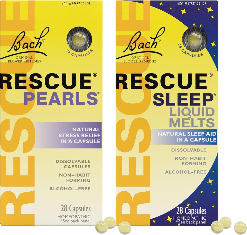 Stres ve Uyku Planlaması, Bach RESCUE Pearls, Doğal Stres Yardımı [ve] RESCUE Sleep Liquid Melts, Natural Sleep Aid - 2Pk, Homeopathic Flower Essence