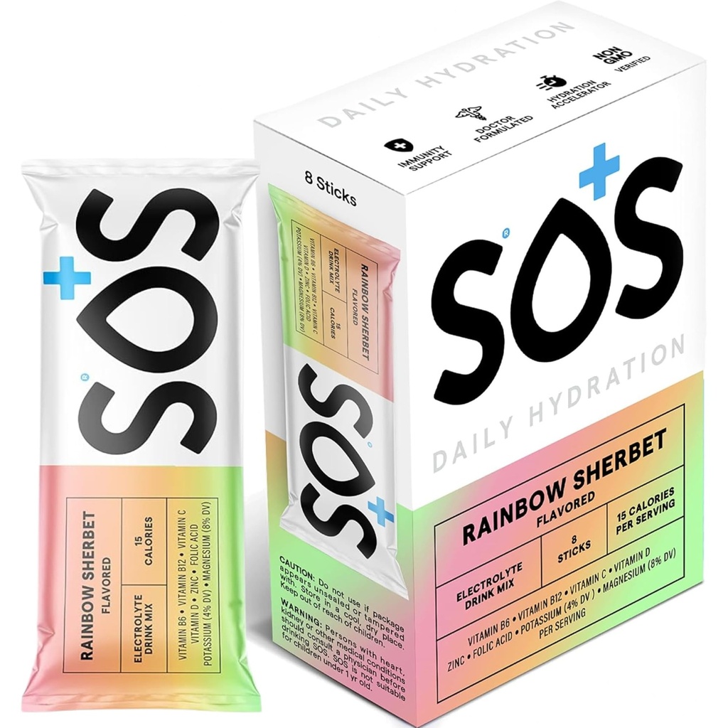 SOS Hydration Electrolyte Powder Sticks | Low Sugar Rapid Hydration | Keto Friendly (8 Servings, Rainbow Sherbet)