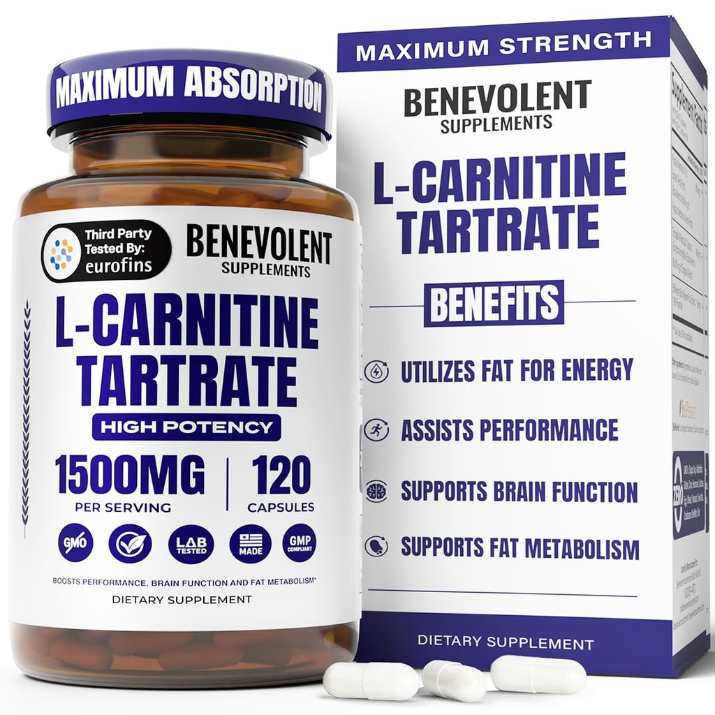 Benevolent L Carnitine Supplement - Yüksek Potency 1500 mg L-Carnitine Tartrate - Hızlı Absorbing, Enerjiye Dönüştürme, Destek Lean Kas, Boost Workout Performance & Metabolism - 120 Vegan Capsules