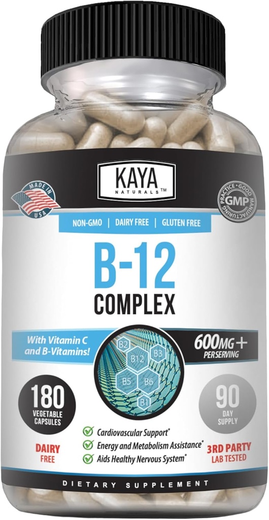Kaya Naturals B-12 Kompleksi | Kadınlar ve Erkekler için Multivitamin Supplement | Enerji ve Metabolism ATM | Biotin, Choline, Inositol, Folate, ve C vitamini - 180 Count