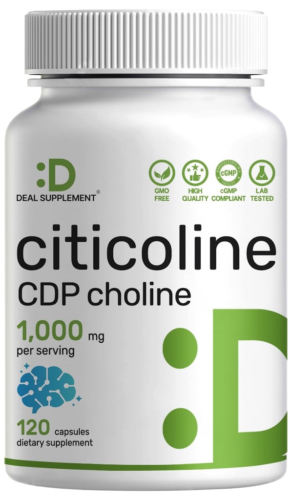 Citicoline CDP Choline, 1000mg Per Servis, 120 Capsules – Ekstra Güçlü Choline Supplements – Nootropic B Vitamin Özellikleri – Beyin Sağlığı, Bellek ve Odaklı - Non-GMOGMO