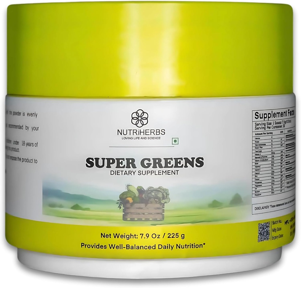 Nutriherbs Super Greens Powder - 225g | 33 Nutrient-Rich Fruits, Vegetables & Probiotics for Enhanced Energy, Immunity & Digestion | Powerful Green Superfood Powder | 30 Delicious Servings