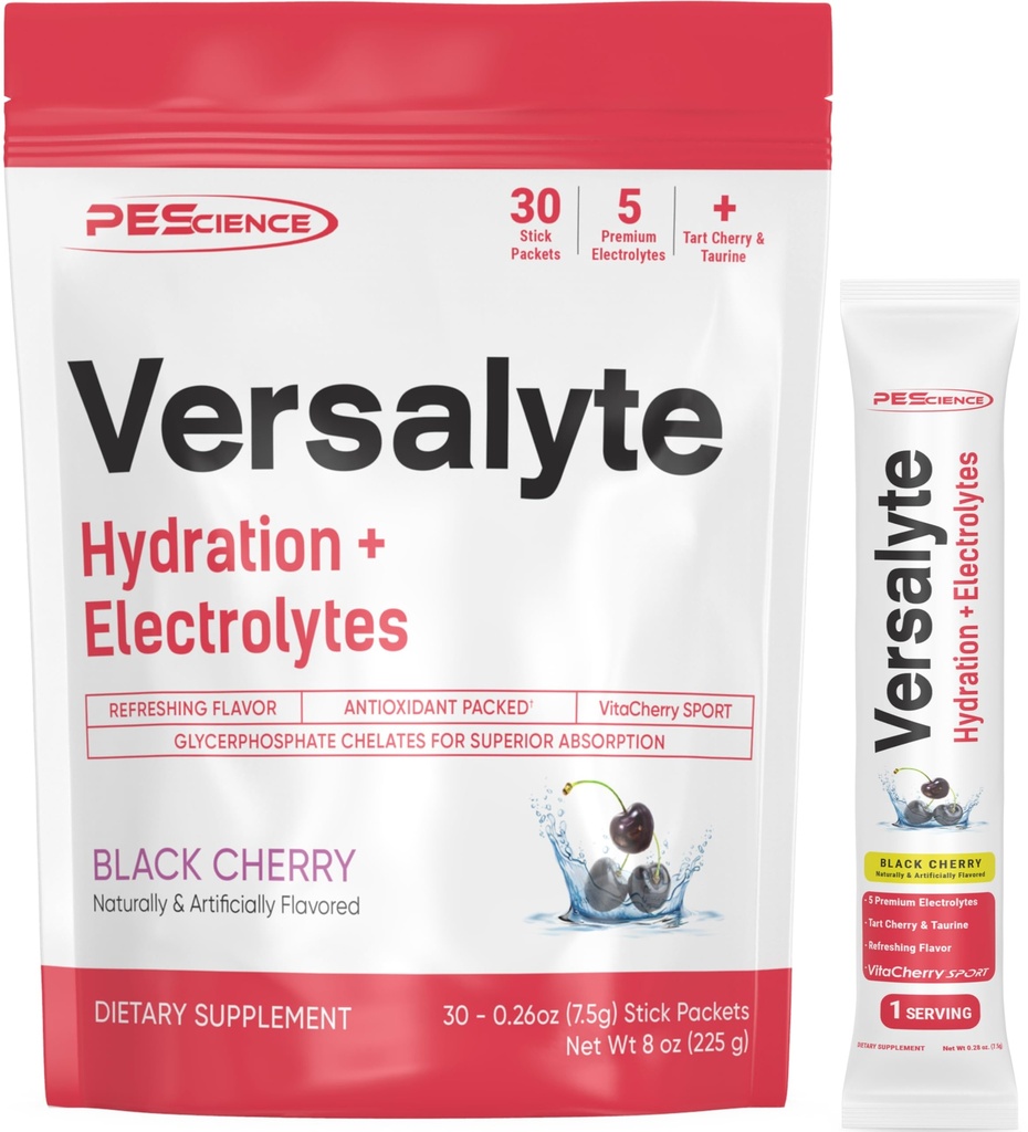 PE Science Versalyte Electrolyte Hydration Packets, Sugar Free Electrolyte Toz Magnezyum, Taurin, Antioksis, Trace Minerals - Black Cherry, 30 Hizmet