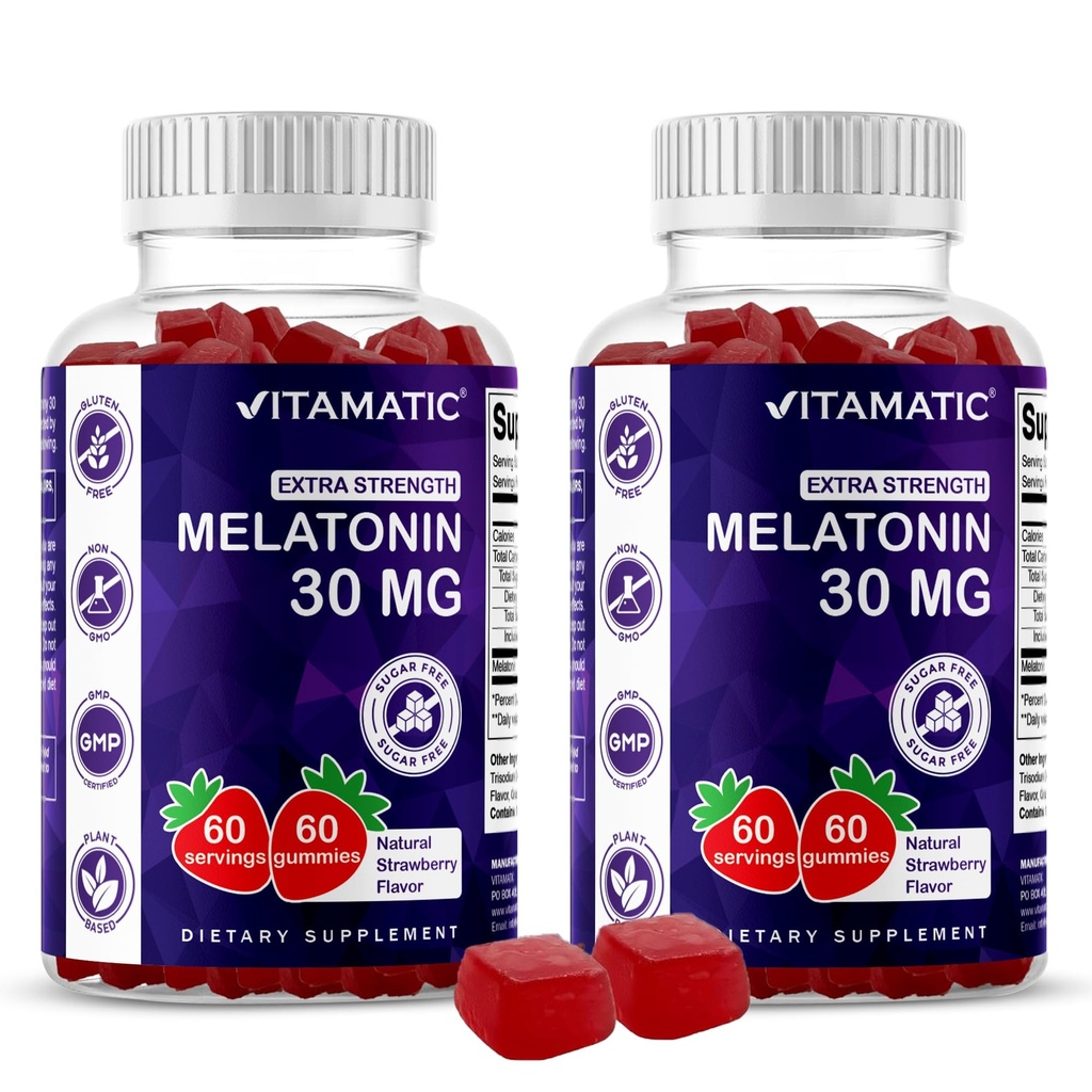 Vitamatic Sugar Free Melatonin 30mg per Gummy - 60 Hizmet - 60 Vejetaryen Gummies - Non-Habit Form Supplement (60 Count (Pack of 2))