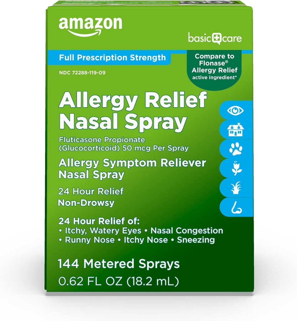 Temel Bakım 24 Saat Antivirüs Relief Nasal Spray, Fluticasone Seiko (Glucocorticoid), 50 mcg, Full Prescription Strength, Non-Drowsy, 0.62 fl oz (Pazar 1)