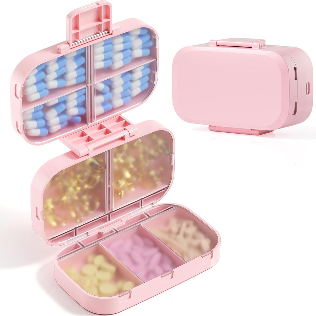 MEACOLIA Triple-Folding Pill Organizer, 9 Karşılaştırmalı Seyahat Pill Case with Large Kapasite, Daily Pill Box Small Pill Container for Vitamin, Cod Liver Oil,Supplements (Pink)