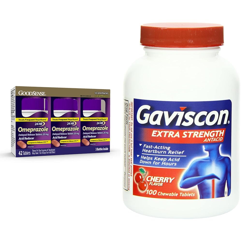 GoodSense Omeprazole Tabletleri 20 mg 14 Kont (3 Pack) ve Gaviscon Ekstra Güçlü Cherry Chewable Tabletler Kalpburnu 100 Kont