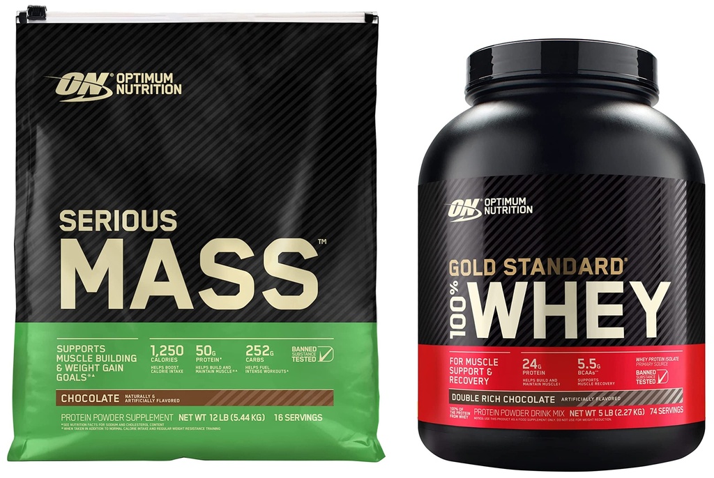 Optimum Beslenme Ciddi Kitle Ağırlıklı Protein Toz ve Altın Standardı 100% Whey Protein Toz, Çift Zengin Çikolata, 5 Pound (Pazar Mayıs Vary)