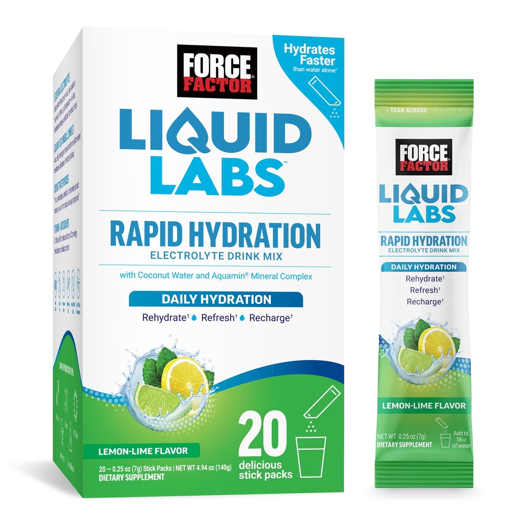 FORCE FACTOR Sıvı Laboratuvarları Elektrolytes Toz Paketleri -Lemon Lime - 5 Essential Electrolytes, Vitaminler, Mineraller ve Antioksis, 20 Stick Packs -