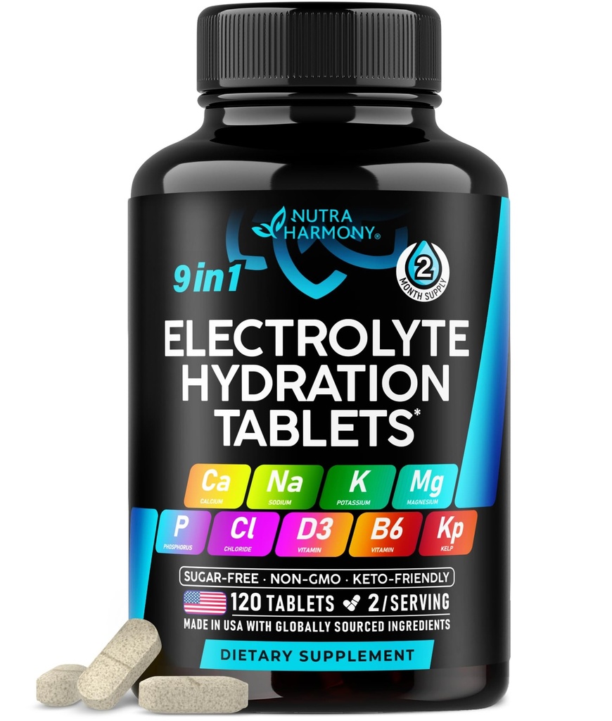 Electrolytes - Electrolyte Tabletleri Magnezyum, sodyum, Pyum, Chloride, Vitamins D3 & B6, Kelp Toz - Salt Pills - ABD'de Yapılacak - Oral Tabletler Capsules - Vegan & Keto Friendly - 120 Tabs