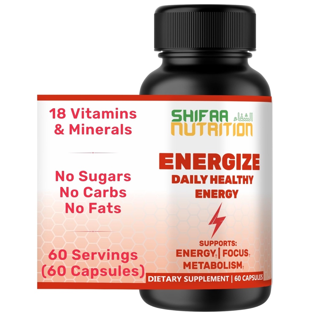 SHIFAA Enerji Vitaminleri, Doğal Günlük Enerji Vitaminleri | Jitter-Free, 60 Hizmetler | Destekler Odak, Mood, Beyin, Metabolism | w/Caffeine & Taurin, B1, B2, B5, B6, B7, B9, B12 Halals