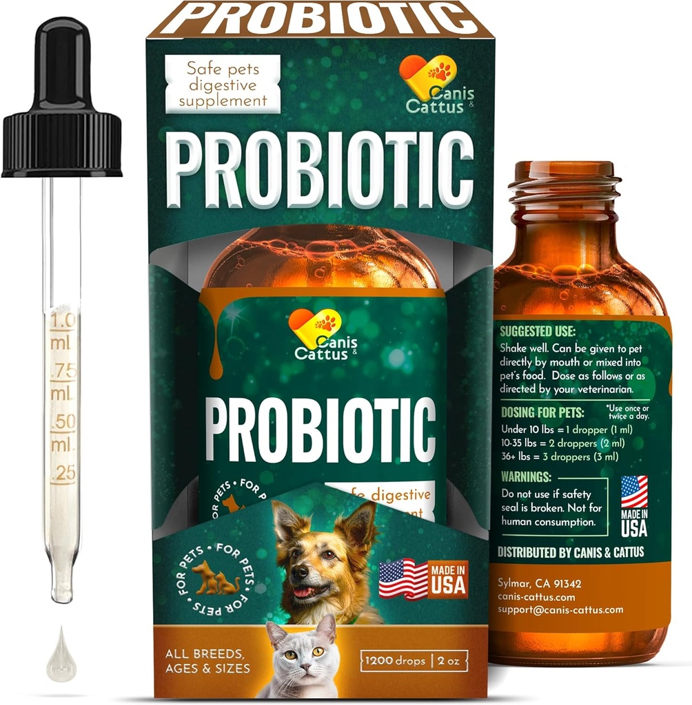 Kediler için Canis &Cattus Probiyotikleri - Sıvı Kedi Gaz, Bloating, Diarrhea & Upset Stomach - Easy-Mix Drops - 2 oz