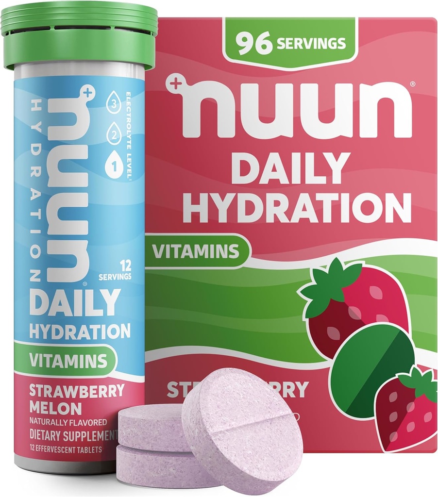 Nuun Vitaminleri D, C, E, A, & B6, Folic Asit, Magnezyum & 4 Diğer Essential Electrolytes, Gluten Free & Vegan, Strawberry Melon, 8 Pack (96 Toplam)