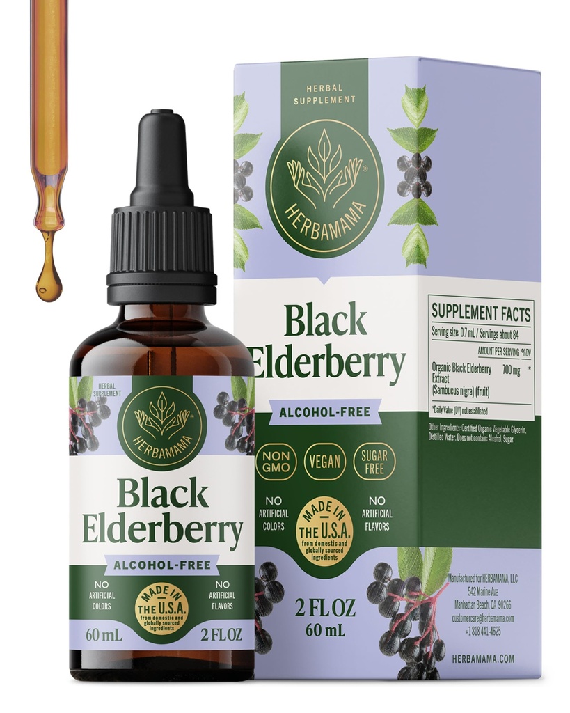 HERBAMAMA Black Elderberry Drops - Vegan Elderberry Sıvı Immune Support - Non-GMO, Alkol & Sugar-Free Immunity Supplement, 21-Day Supply