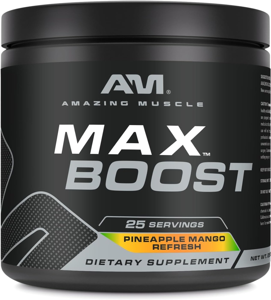 Amazing Muscle Max Boost | 25 Hizmet | Erkekler ve Kadınlar için Pre-Workout Supplement | Caffeine, Beta-Alanine, Betaine (25 hizmet, Pineapple Mango)
