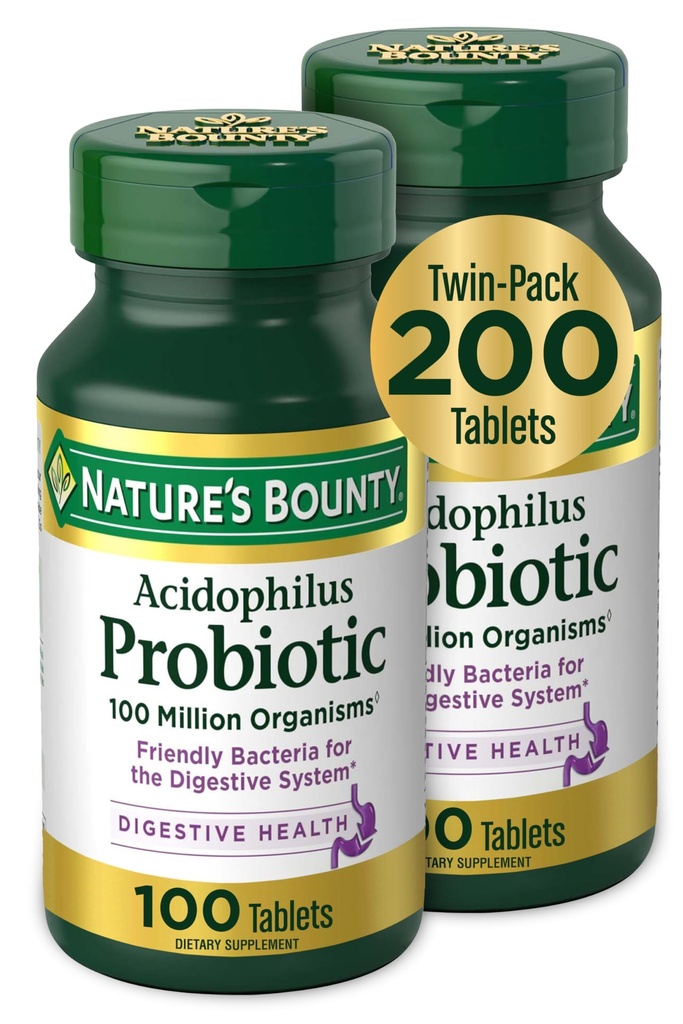 Nature's Bounty Acidofilius Probiyotik, Daily Probiyotik Supplement, Digestive Health, 200 Tablet, Twin Pack