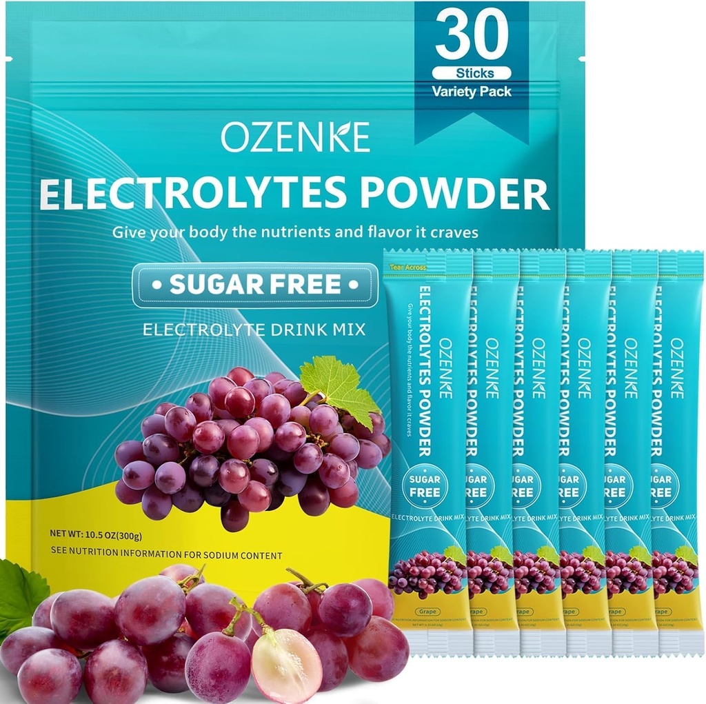 Electrolytes Powder Packets, 30 Sticks Hydration Packets Sugar Free, Electrolyte Drink Mix Portable Electrolyte Packets for Rapid Hydration, 0 Sugar & 0 Calorie, Grape Flavor