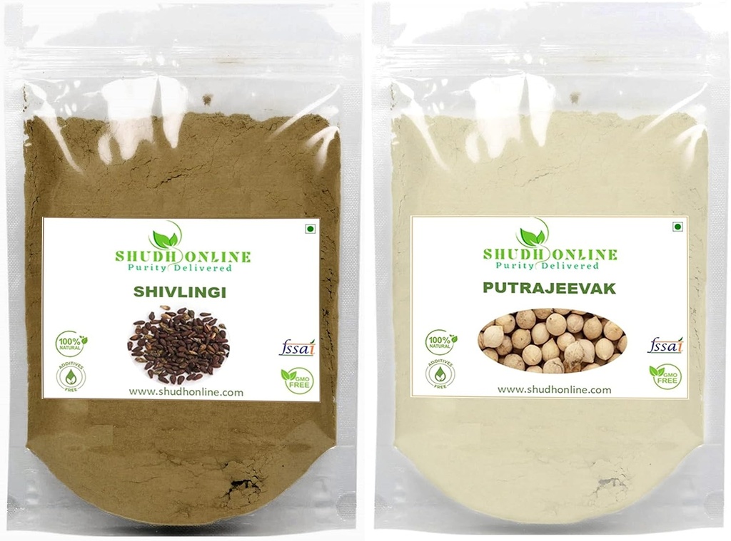 Shudh Online Sivalingi and Putrajivak Seed Powder Combo (100 grams each), Putrajeevak and Shivlingi Beej powder, Putrijivak, Putr Jivak, Shivalinga, Shivling