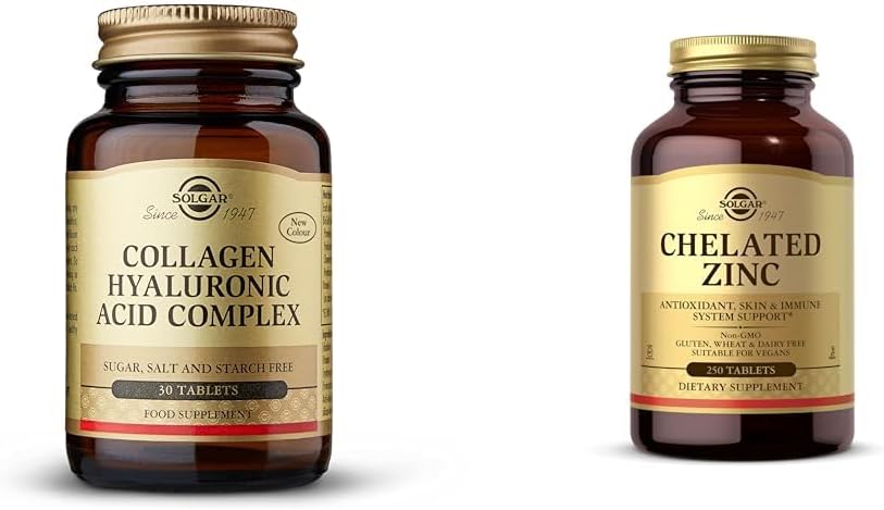 SOLGAR Collagen Hyaluronic Acid Complex, 30 Tablets - Hydrolyzed Collagen Type 2 - Helps & Chelated Zinc, 250 Tablets - Zinc for Healthy Skin - Supports Cell Growth & DNA Formation