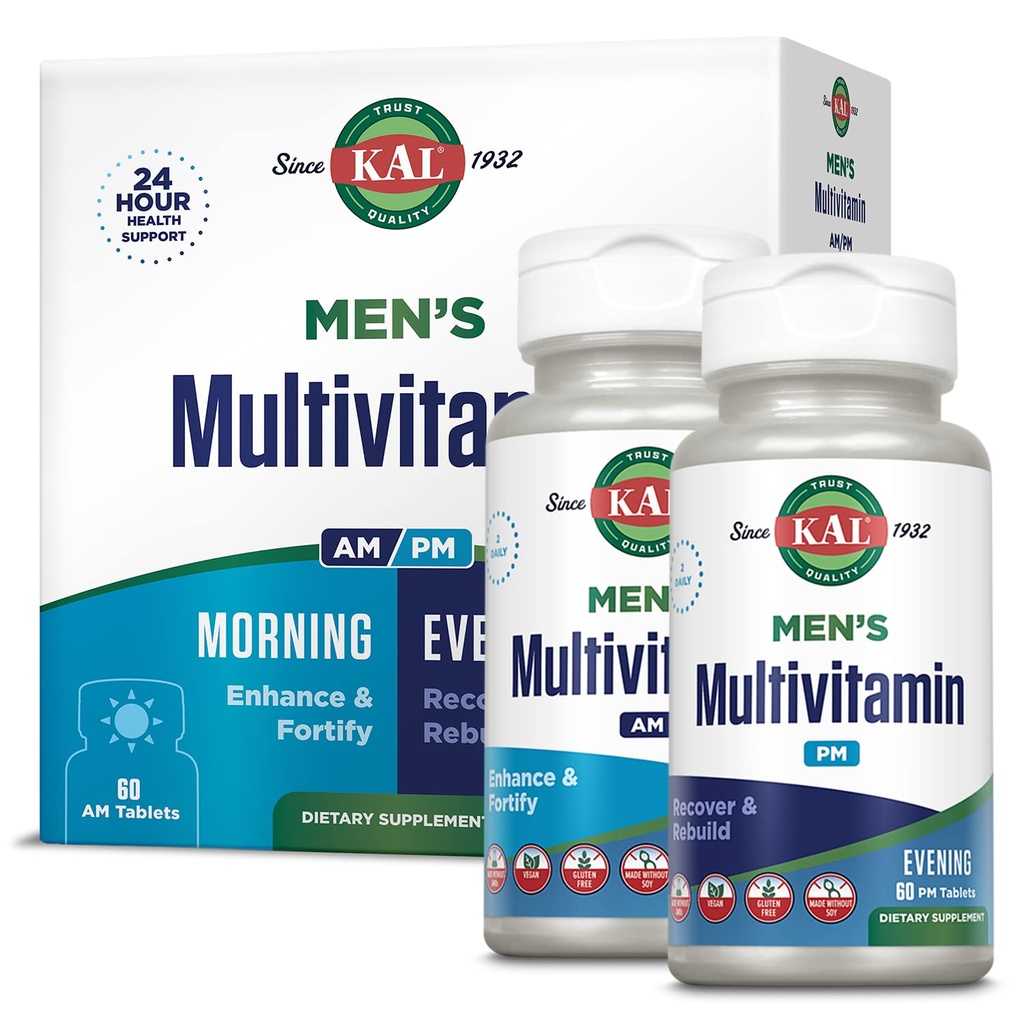KAL Men's Multivitamin AM/PM, Antioksis Supplement, Muscle, Immune, Electrolyte Balance, Genel Wellness Desteği, Made Without GMOs and Soy, Vegan, 30 Hizmet, 120 Tablet