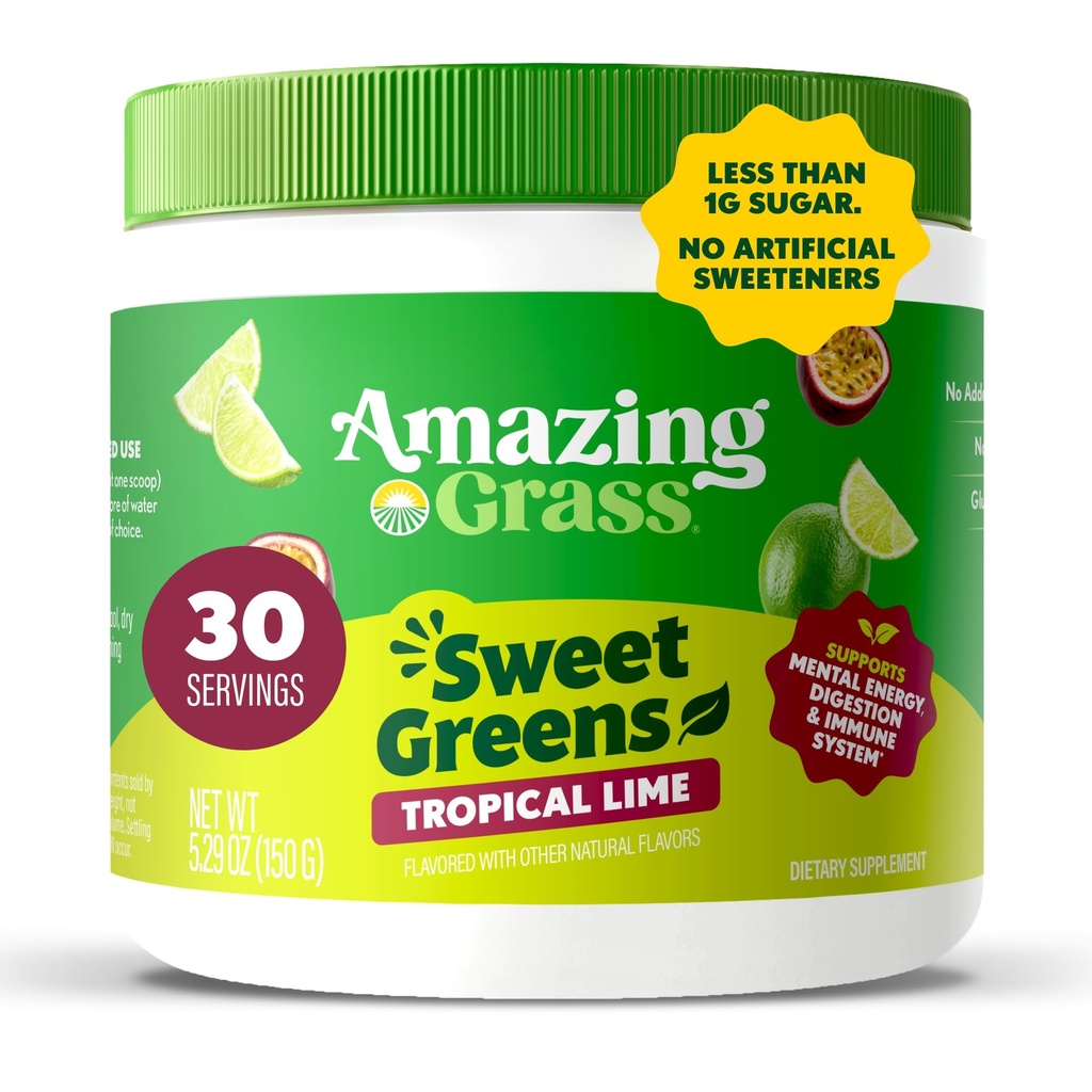 Amazing Grass Sweet Greens and Superfoods Powder for Digestive Health, Greens Powder, Digestive Enzymes, Probiotics, Spirulina, Chlorella, Tropical Lime, 30 Servings