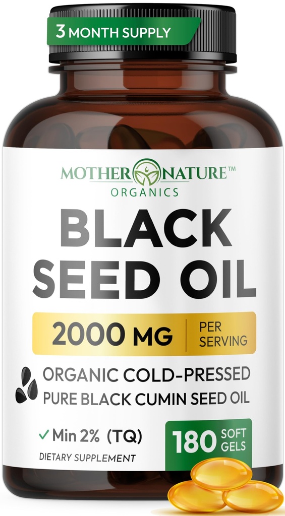 Black Seed Oil Capsules 2000 mg Per Service, Organik Cold Pressed Black Cumin, High TQ, Immune & Ortak Destek, 180 Sayı (3 Ay Supply)