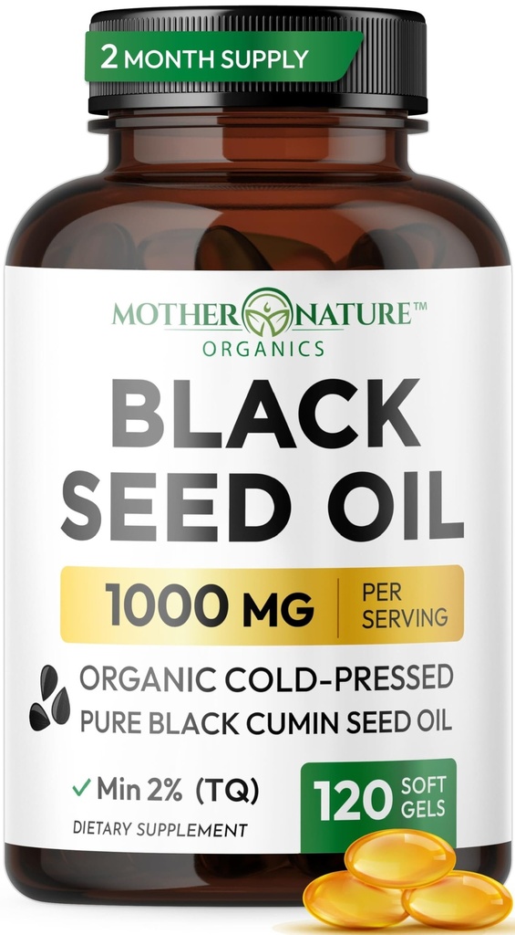Black Seed Oil Capsules 1000 mg, Organik Cold Pressed Black Cumin, High TQ, Immune & Ortak Destek, 120 Kont (2 Ay Supply)