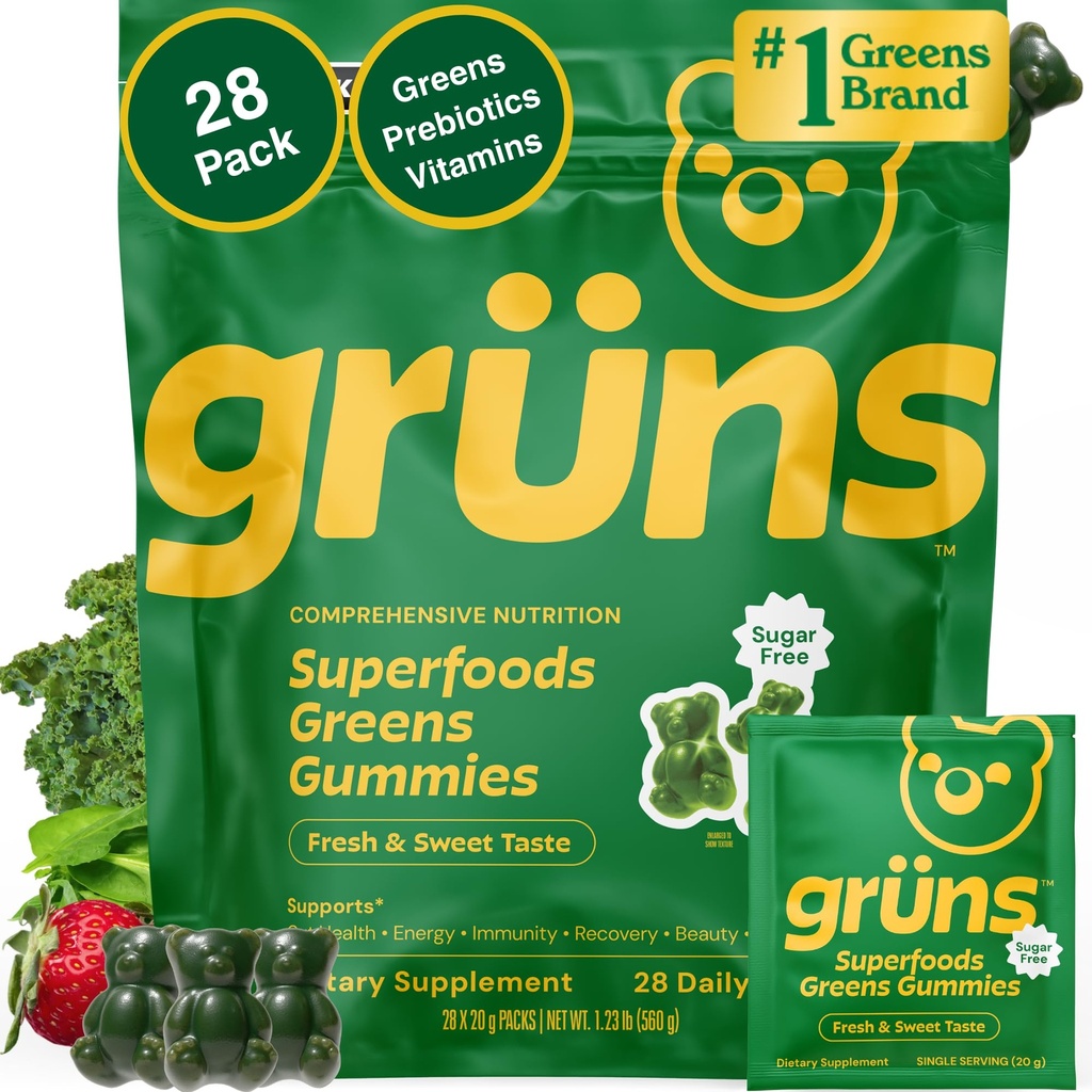 Gruns Adult Sugar-Free Super Greens Multivitamin Gummies, Superfood Gummy For Women and Men with Spirulina, Chlorella, Adaptogens & Prebiyotik Fiber for Digestive Health (28 Count)