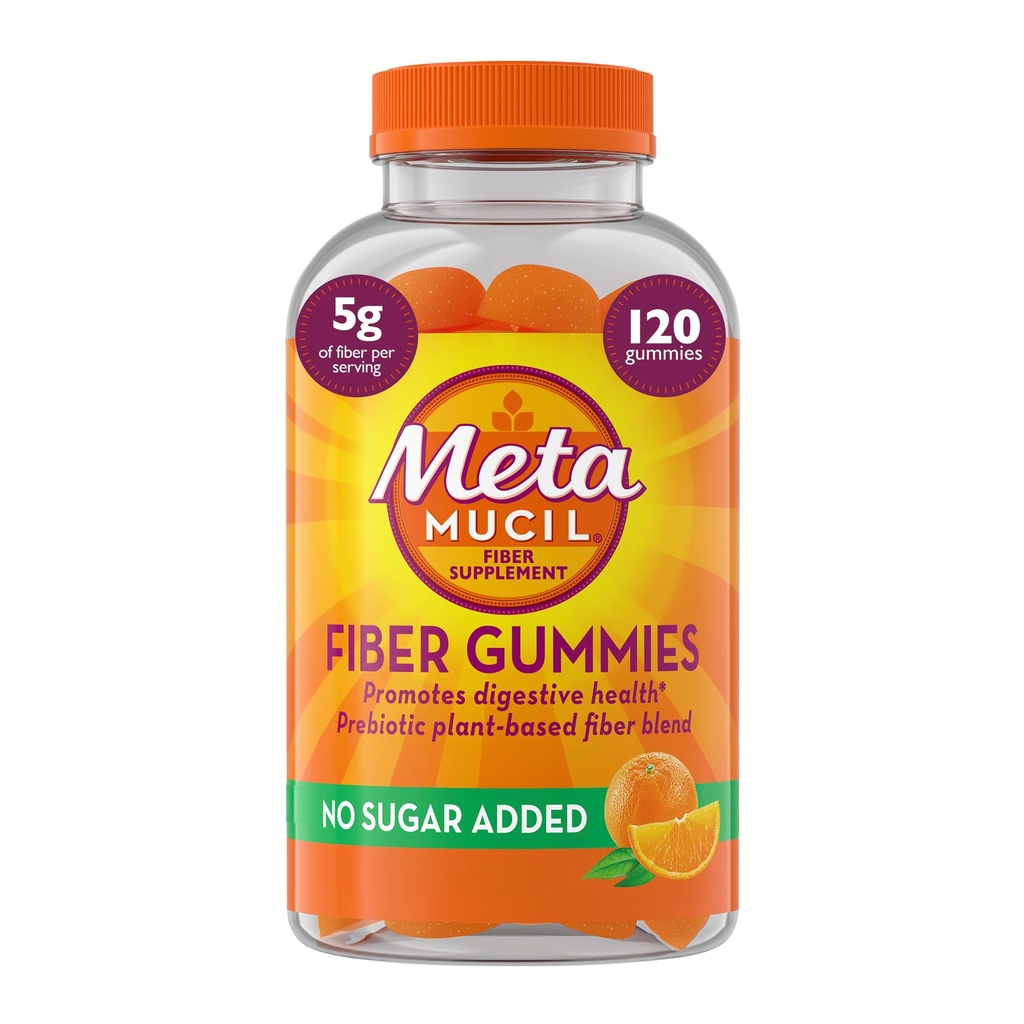 Yetişkinler için Metamucil Fiber Gummies, No Sugar Orange Flavor, 5g Prebiyotik Plant Based Fiber Supplement Meeting, 120 Count