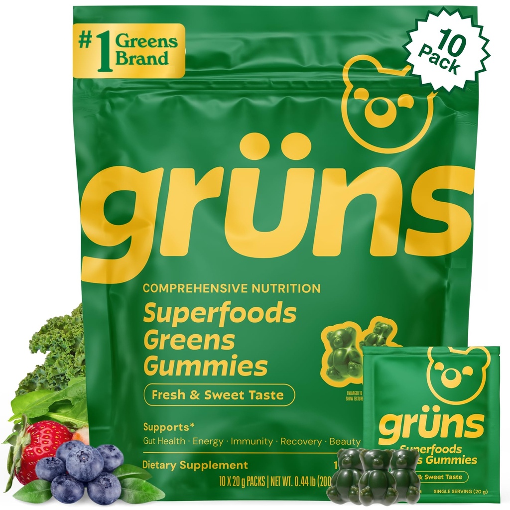 Gruns Adults Super Greens Gummies, Multivitamin Superfood Gummy Bears, Spirulina, Chlorella, Prebiotics & Fiber Gummies for Digestive Health, Adaptogens Supplement, 20 Vitamins & Minerals, 10 Count