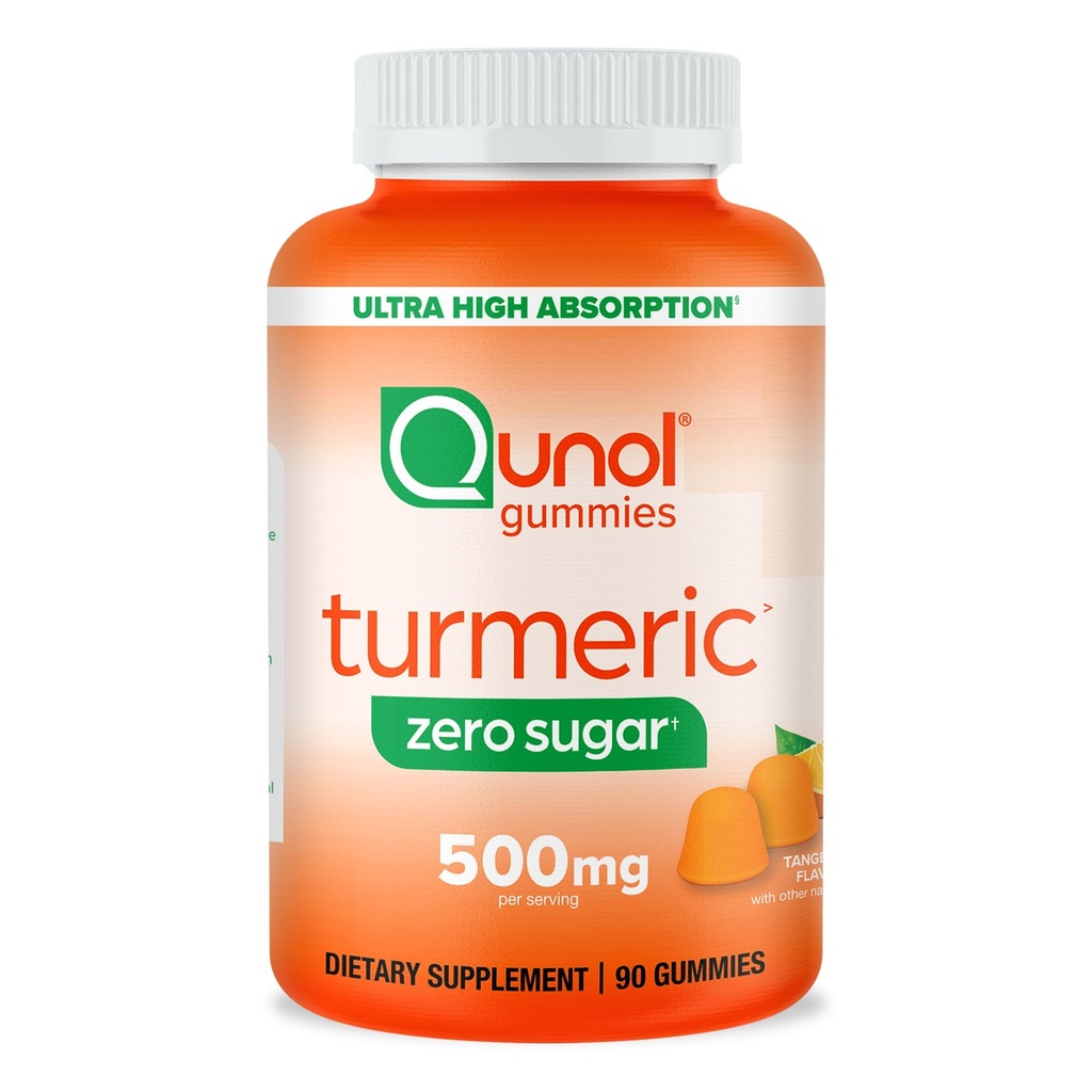 Qunol Zero Sugar Turmeric Gummies, 500 mg Turmeric Curcumin, Ortak Destek Tamam, Ultra High Abxia Turmeric Curcumin, Vegetarian, Gluten Free, 90 Countarian, Gluten Free, 90 Count