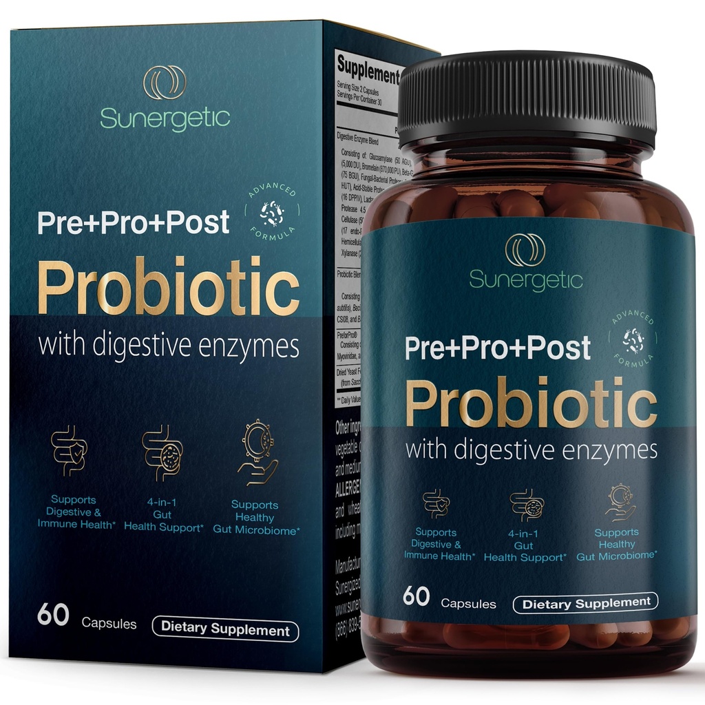 Premium 4-in-1 Probiyotik Prebiyotik, Postbiyotik & Digestive Enzymes for Men & Women – Supports Gut, Digestion & Immunity –Complete Gut Health with Pre, Post, Probiyotiks & Digestive Enzymes–60 Capsules