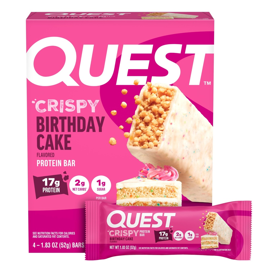 Quest Beslenme Crispy Doğum Doğum Günü Kek Protein Bar, 17g Protein, 1g Sugar, 2g Net Carbs, Gluten Free Protein Snack, Keto Friendly, 4 Count