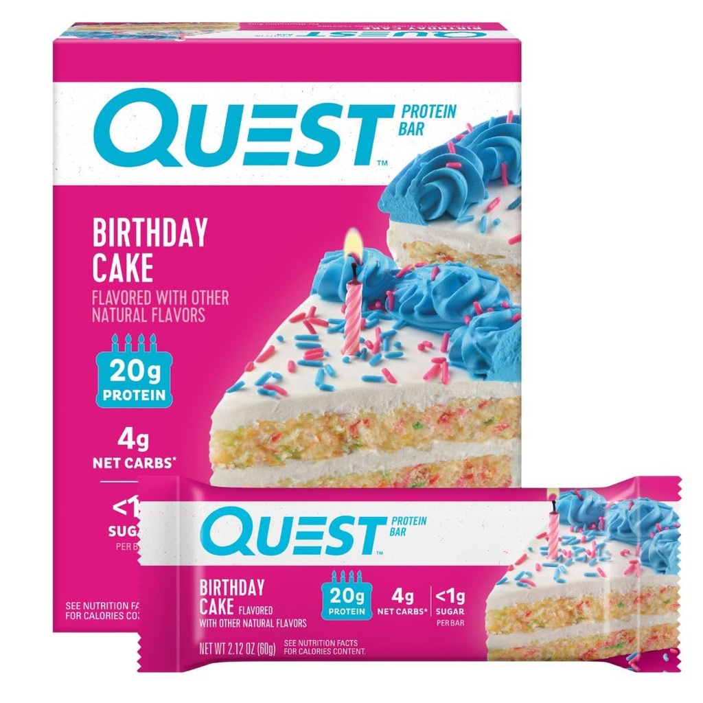 Quest Beslenme Doğum Günü Kek Protein Barlar, 20g protein, 4g net karbs, 1g Sugar, Gluten Free, Keto Friendly, 4 Count
