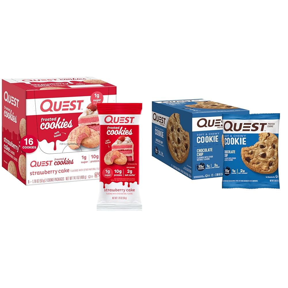 Quest Nutrition Frosted Strawberry Kek & Chocolate Chip Protein Cookie Sche, 1g Sugar, 10g protein, 2g Net Carbs, Gluten Free, 16 & Count 12