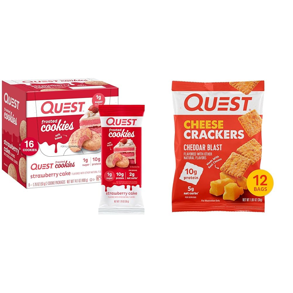 Quest Nutrition Frosted Cookies Twin Pack, Strawberry Kek, 1g Sugar, 10g protein, 2g Net Carbs & Cheese Crackers, Cheddar Blast, Yüksek Protein, Low Carb, Gerçek Peynir ile Yapıldı 12 Ct