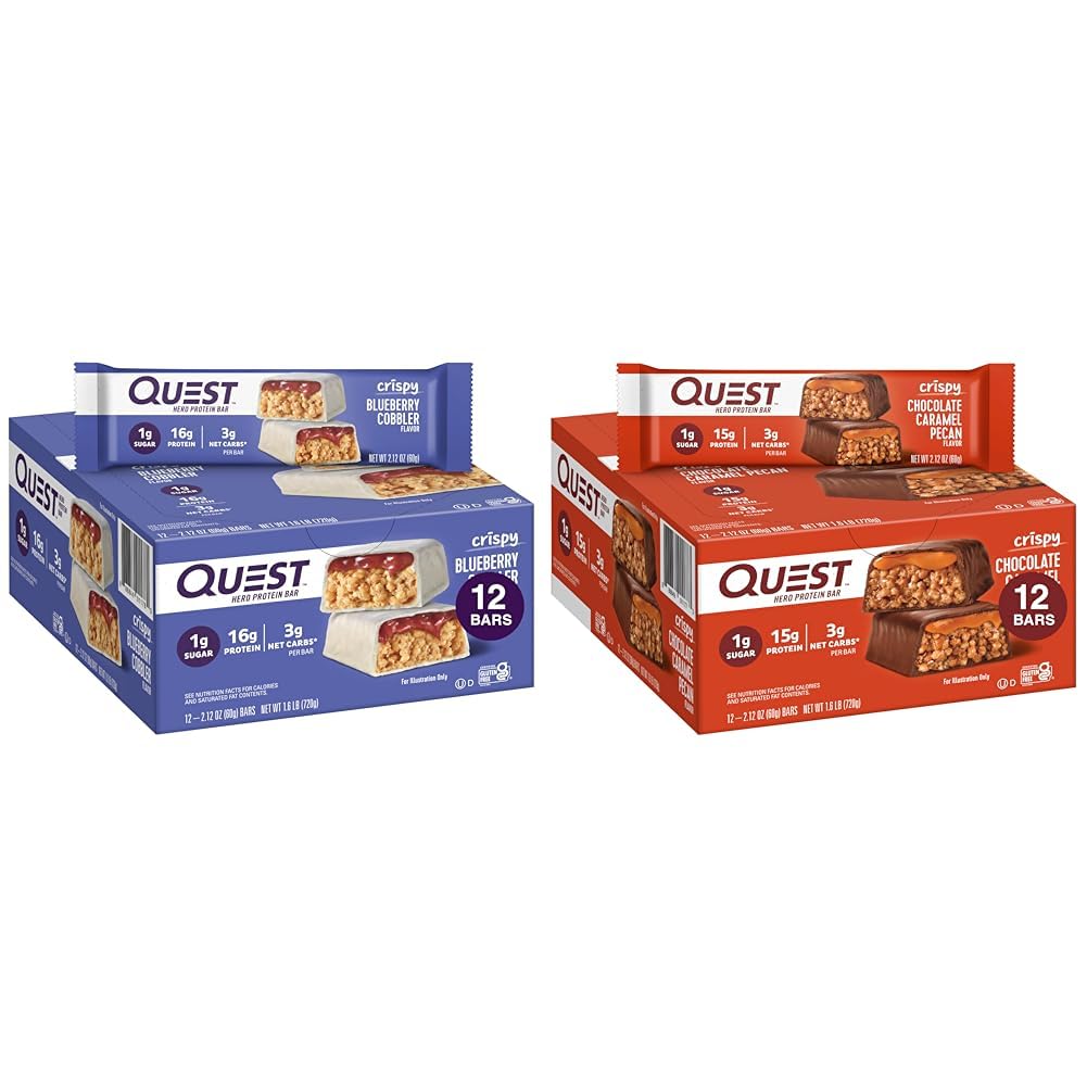 Quest Beslenme Crispy Blueberry Cobbler & Chocolate Caramel Pecan Hero protein Bars, 16g & 15g Protein, 1g Sugar, 3g Net Carb, Gluten Free, Keto Friendly, 12 Log Count