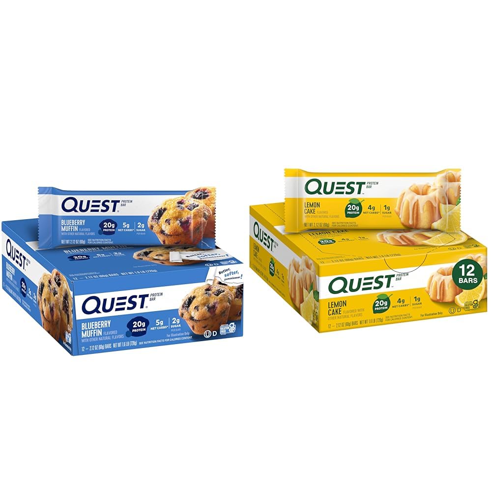 Quest Beslenme Blueberry Muffin (12 Count) ve Lemon Kek (12 Kont) Protein Bars Sche, Yüksek Protein, Gluten Ücretsiz