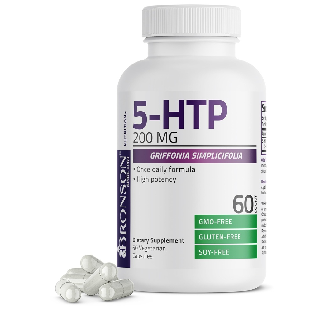 Bronson 5HTP 200 mg (5-hidropytryptophan) Griffonia Simplicifolia Non-GMO, 60 Vegetarian Capsules