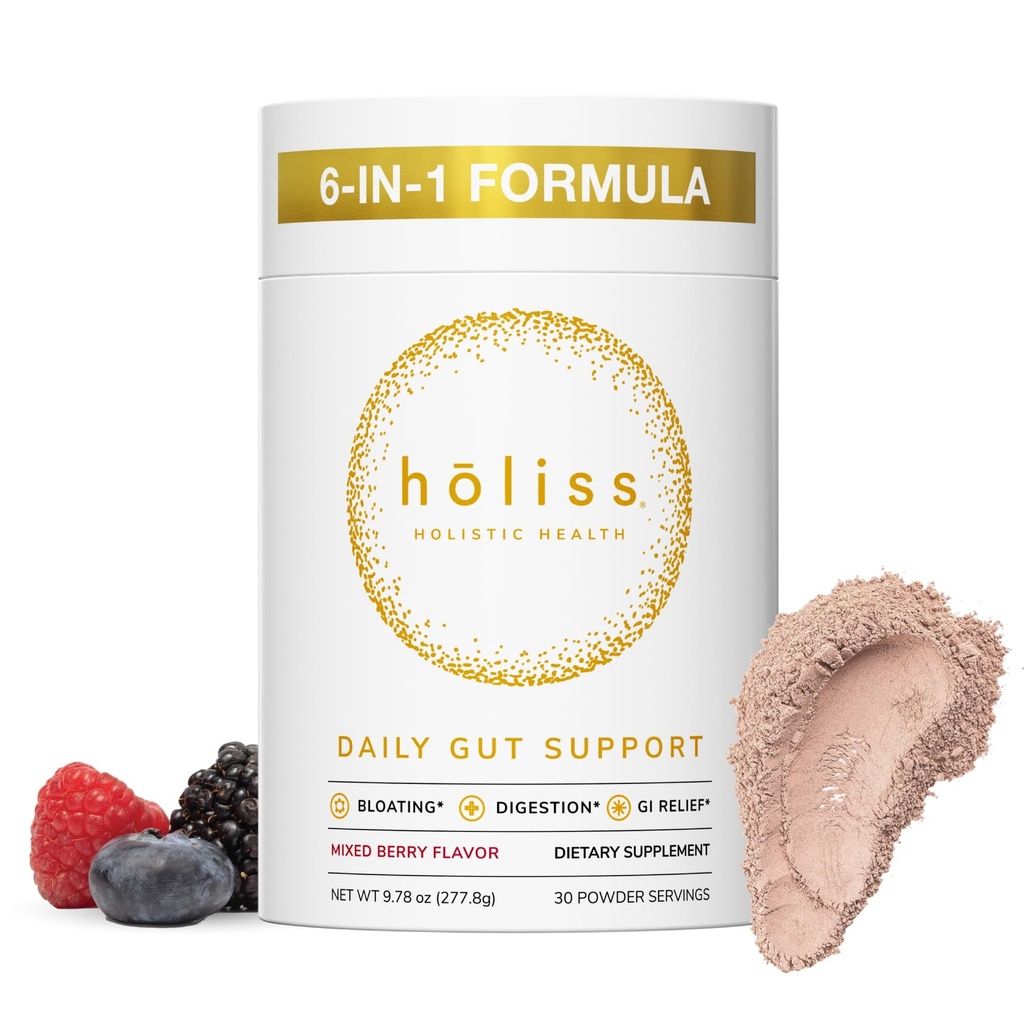 Daily Gut Health Powder 6-in-1 All Natural Supplement, Slippery Elm, L Glutamine, Lemon Balm with PepZinGI - Bloat & Gas Relief, GI Lining Repair, IBS Support - Mixed Berry, 30 Servings