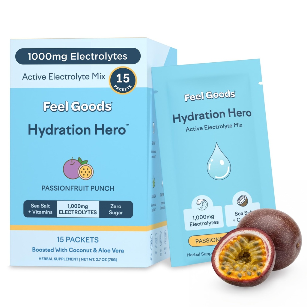 Goods Hydration Hero, 1.000 mg Electrolytes Toz, Sugar Free, Magnezyum, Organik Aloe Vera, L Theanine, C & B12, Keto, Vegan, Electrolyte Packets, Passion Fruit Punch, 15 Count