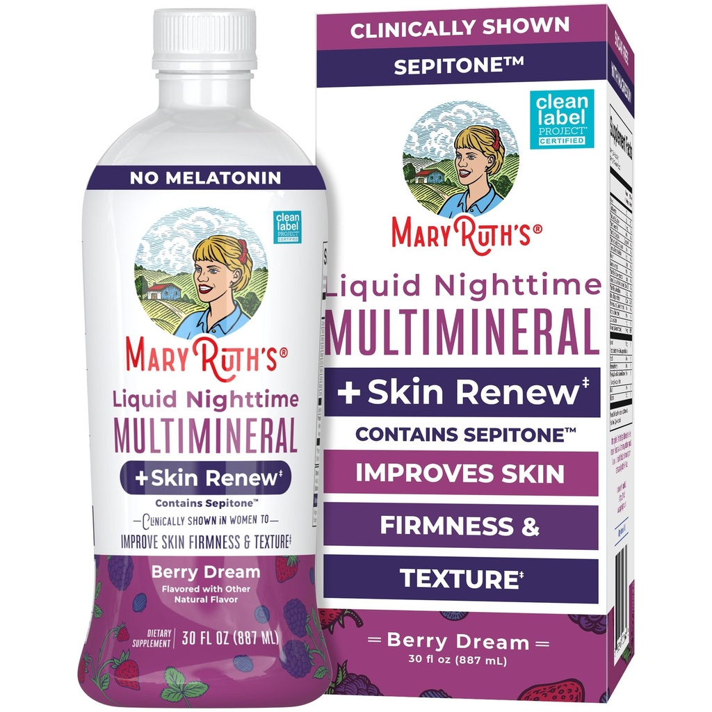 MaryRuth's Liquid Nighttime Liquid Multimineral + Skin Renew | Klinik Olarak Kadında Güzel Wrinkle'i Azaltmak ve Cilt Şirketliğini Geliştirmek | Sepitone | NO Melatonin | Magnezyum | Vegan | 30 Hizmet