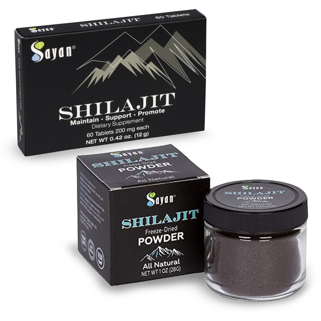 Sayan Shilajit Pure Organic Blackwear Trace Mineral Tabletleri ve Pure Organik Shilajit Freeze-Dry Toz Sche - Immune Support, Detox, Energy Boost (1Ay Supply)