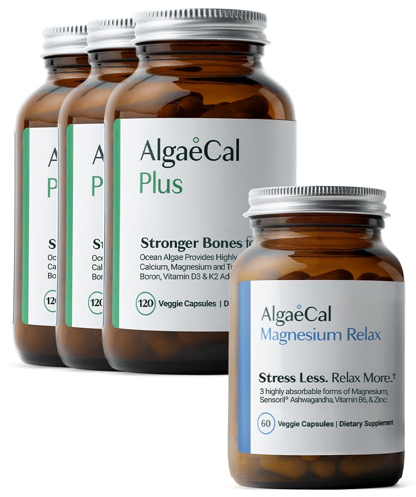 ALGAECAL Organik Red Algaeulyum Kemik Yoğunluğu ve Güç, Vitamin K2 MK7, D3, Magnezyum & Trace Minerals, 120 Veggie Caps Magnezyum RelaxTM (60 Caps)